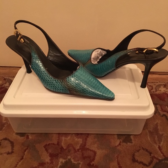 St. John Shoes - St John Teal & Grey Snakeskin Sling Back Pumps